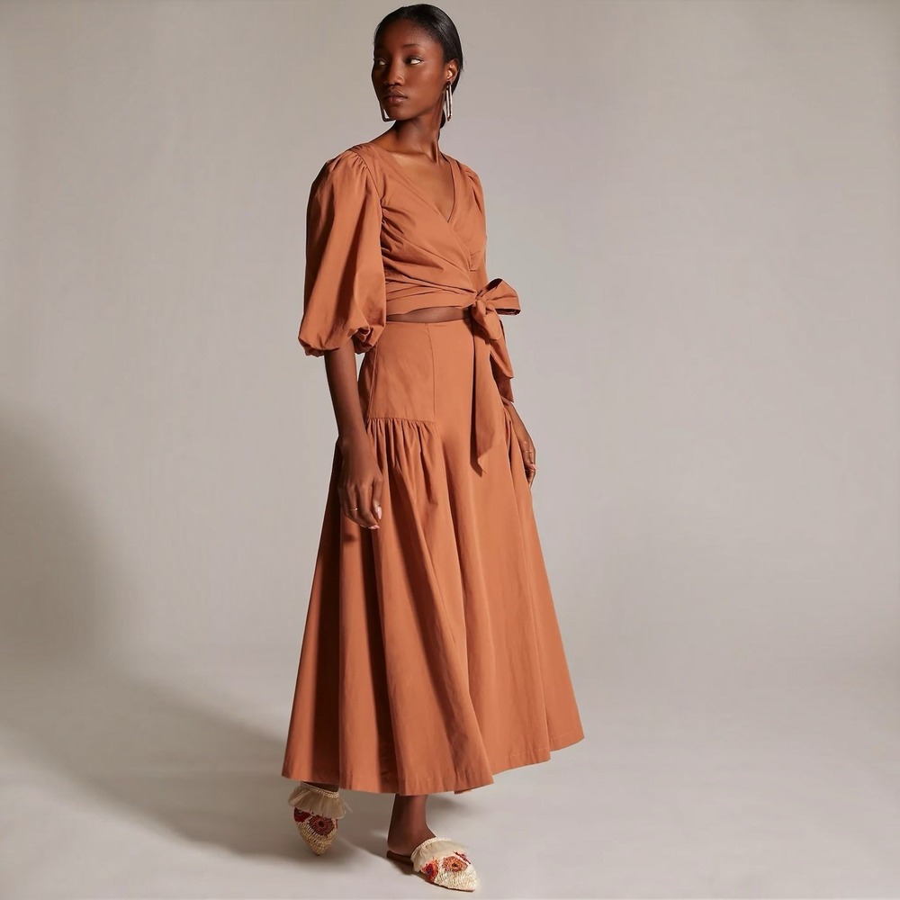 MON RENN Anthropologie Hazel Tie Waist Puff Sleeve Cotton Midi Dress Sz XS